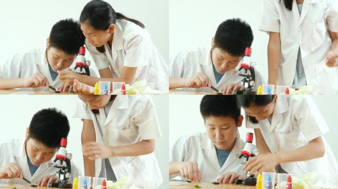 亚洲学童在科学课上穿着实验室外套，一起使用显微镜，教育理念。