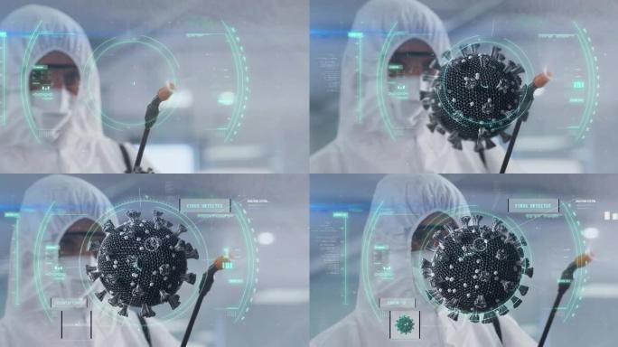 男子消毒办公室的新型冠状病毒肺炎细胞旋转动画