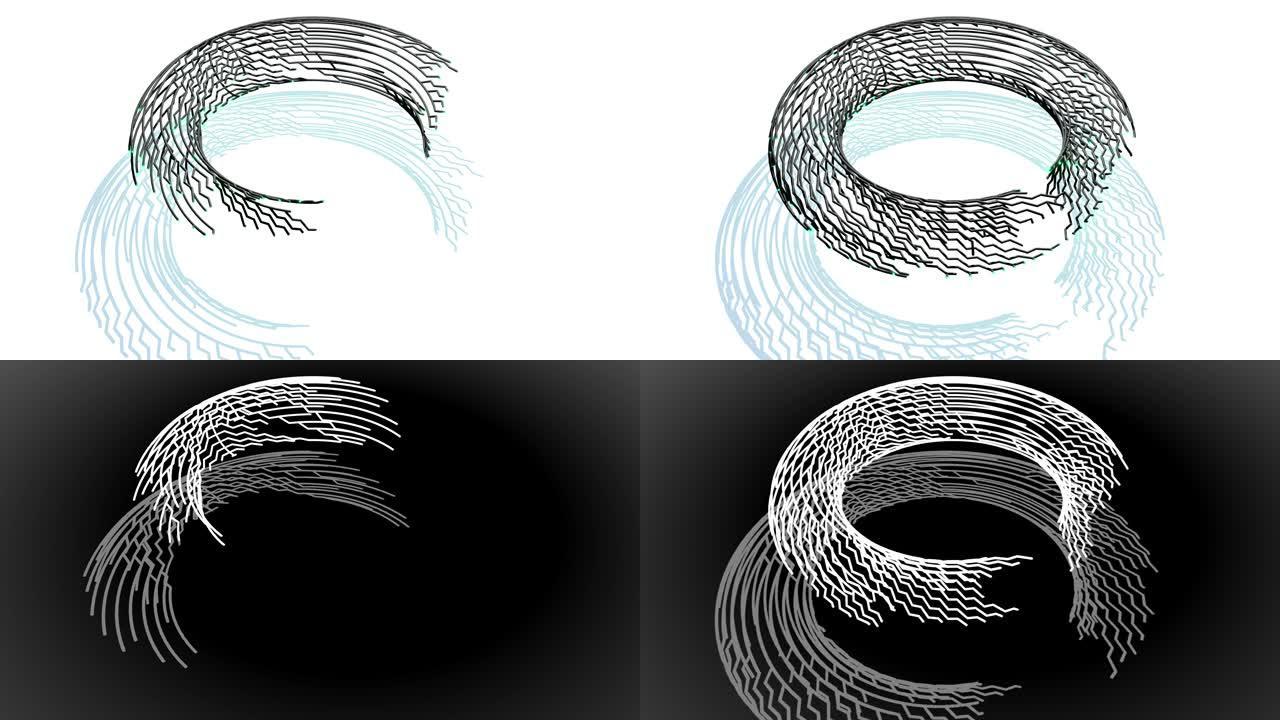 4k白色bg上的抽象黑色线框。Ai不断增长的线的几何图案形成圆环，计算分支，节点和交点。通过人工智能
