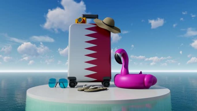 平台上的3D假日概念，配有卡塔尔国旗手提箱，可抵御海空
