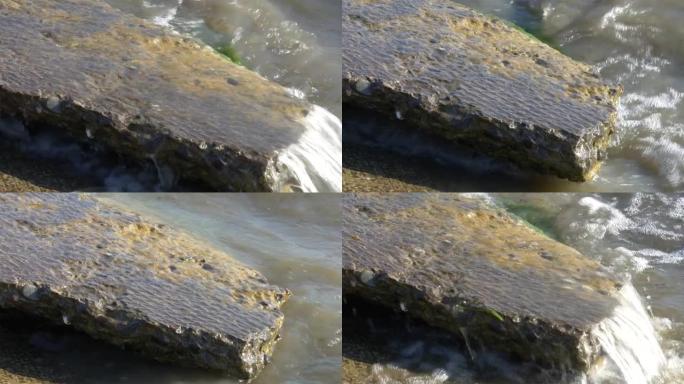 被水华和藻类覆盖的混凝土石头被河浪冲刷