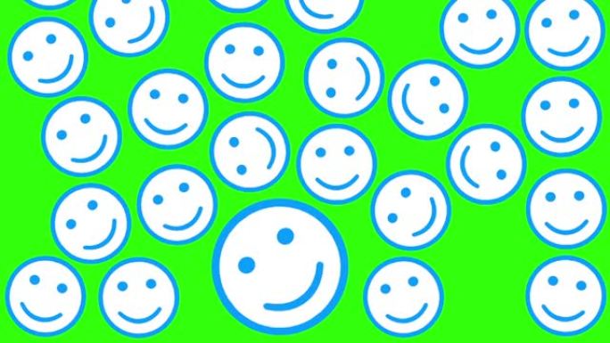 绿色背景上蓝色笑脸表情图标的数字动画。从上到下下降。它们填满了整个框架。互联网传播概念。社交网络。抽
