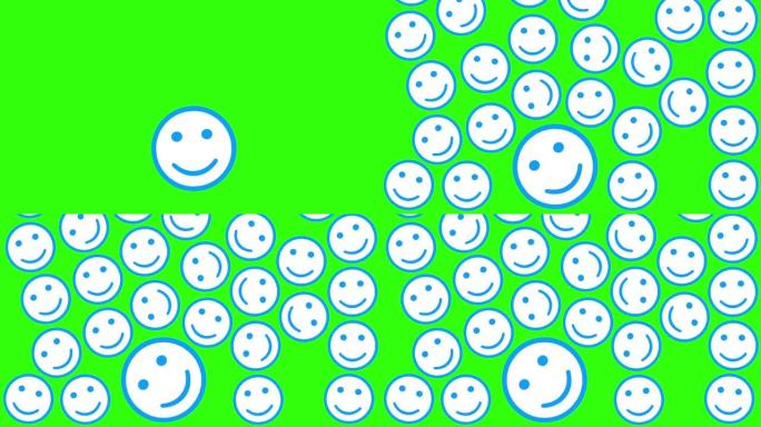 绿色背景上蓝色笑脸表情图标的数字动画。从上到下下降。它们填满了整个框架。互联网传播概念。社交网络。抽