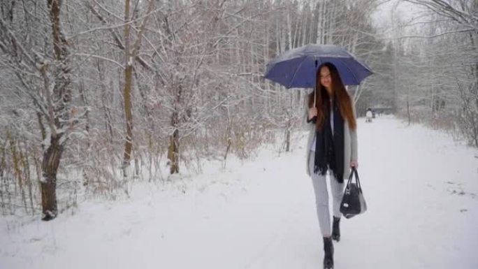 美丽的带伞的年轻女子正在冬季公园的户外散步。慢动作。年轻女子在白雪皑皑的背景上行走的时尚时尚冬季肖像