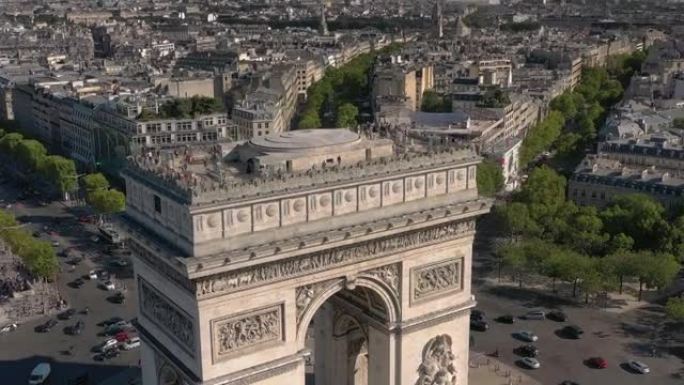 阳光明媚的傍晚时间巴黎市著名的凯旋拱门前空中全景4k法国