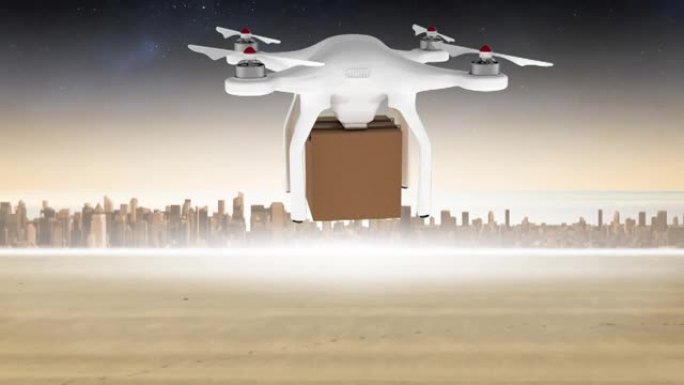 无人机在城市景观上携带纸板箱的动画