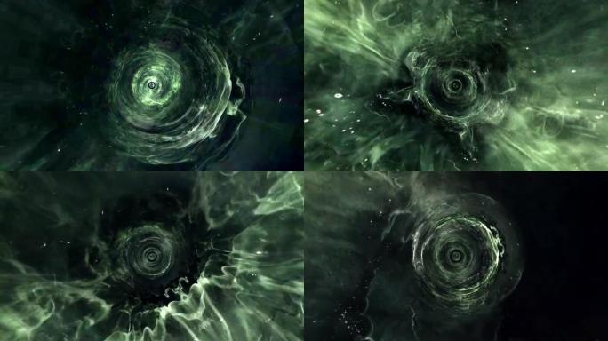 抽象飞行进入深绿色超空间隧道动画。4K 3D飞行在蠕虫洞环科幻旅行在银河漩涡。太空探索超级跳进另一个