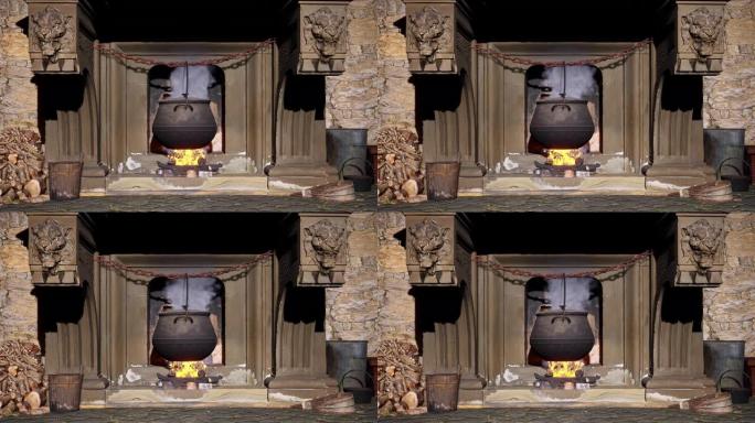 大的旧烹饪锅挂在生锈的链条上，在中世纪壁炉的熊熊大火中