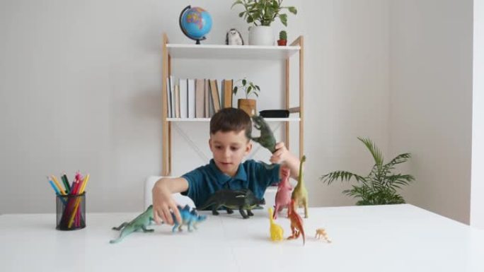 专注的孩子在家里玩恐龙。男孩学习古蒙特