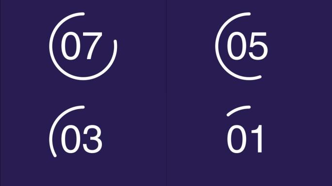 数字倒计时计时器在白色圆圈10秒在紫色背景。