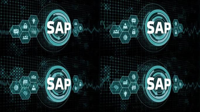 虚拟屏幕数据中心上的SAP系统软件自动化概念。商业、现代技术、互联网和网络概念。