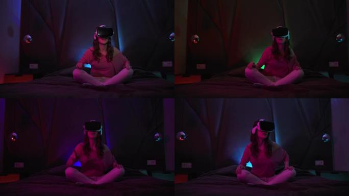 虚拟现实未来女性使用虚拟现实耳机，在彩色照明的互动技术展览中环顾四周。