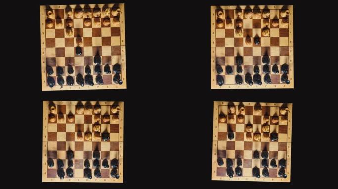 从头到尾的象棋游戏，将死从黑皇后的白色。四骑士开场，国际象棋开始e2-e4，黑底俯视图
