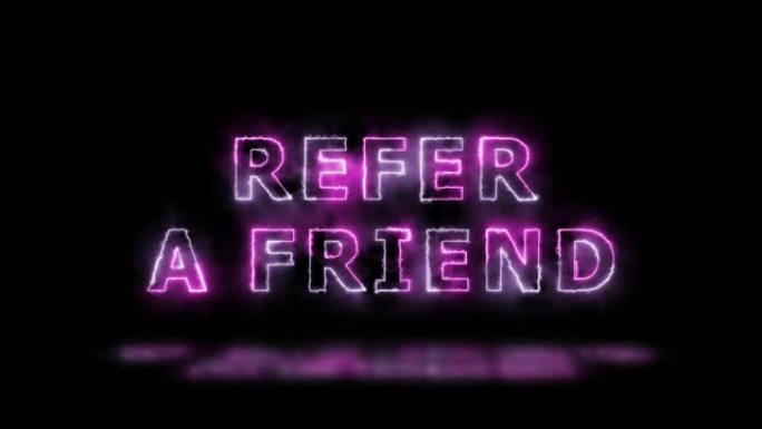 “参考朋友” 紫罗兰色和粉色能量边界线标题动画，地板上有反射。简单的无缝循环动画文本。4k排版运动图
