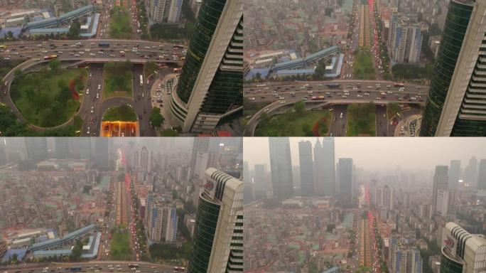暮光之城广州市中心交通路口隧道空中俯拍全景4k中国