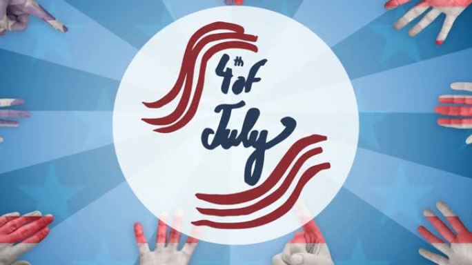 美国国旗图案画在手上的7月4日文字动画