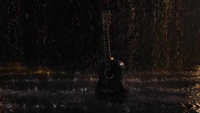 雨中木制原声吉他的详细镜头。在黑色的录音室背景上，吉他表面的水鼓在不同的方向上散射。慢动作