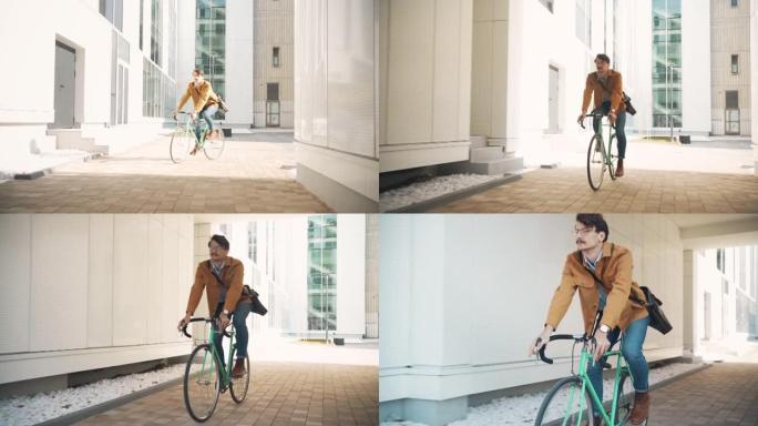 年轻人骑自行车离开办公室