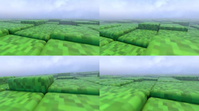 3D抽象立方体。几何镶嵌波图案。利用绿草块、蓝天和云建造丘陵景观。《我的世界》风格。像素背景。4k的