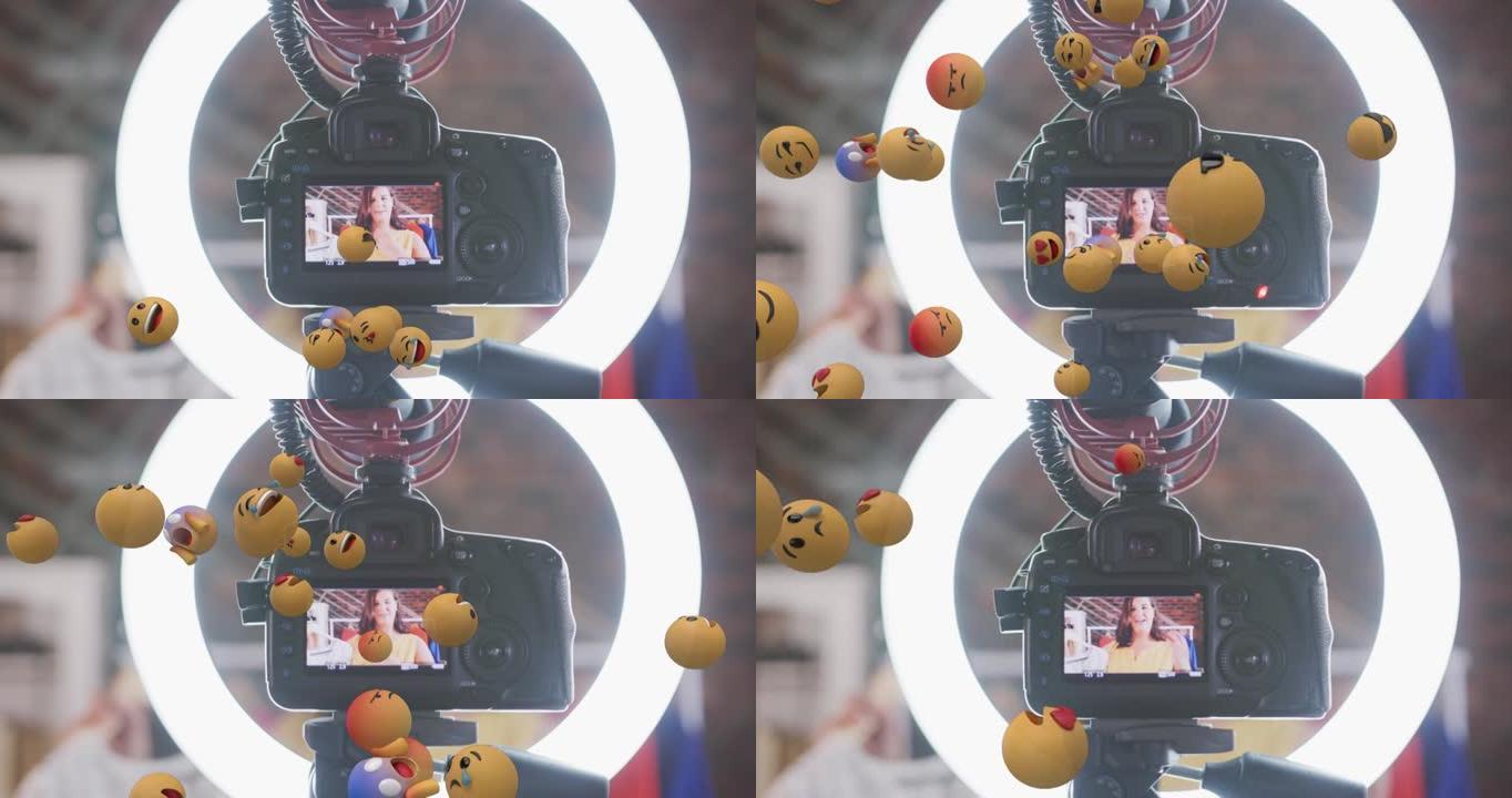 摄像机查看器上女性视频记录器上的表情图标动画在家录制视频日志