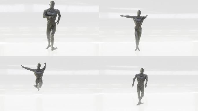 英俊的3d男芭蕾舞演员在舞台上表演，孤立在白色背景上。3d渲染