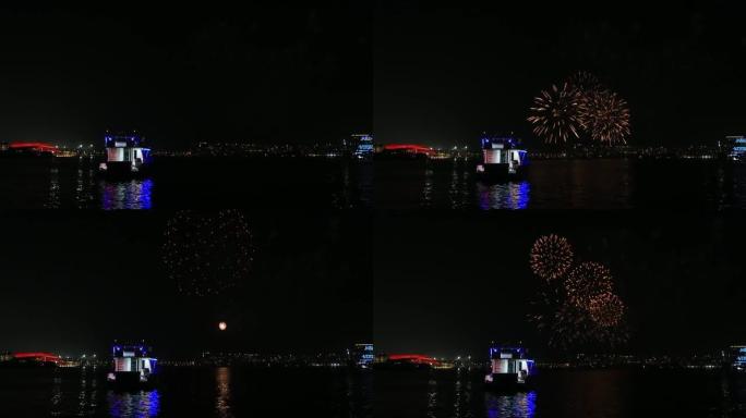 壮观的烟花照亮了阿联酋阿布扎比亚斯码头的天空，庆祝开斋节