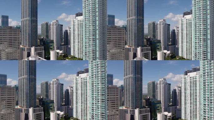 迈阿密市中心的新建筑。布里克尔的鸟瞰图。无人机制作的视频剪辑，带有转发摄像机运动。