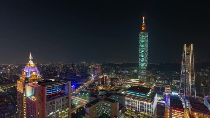 夜间照明台北城市景观市中心屋顶全景4k延时台湾