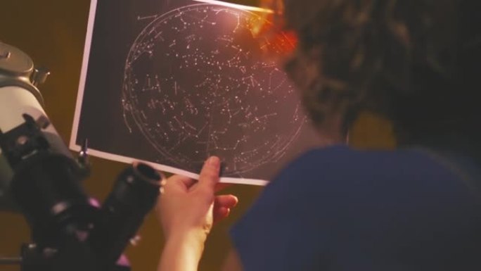 女人通过望远镜看星星-占星术概念，星座对未来的预测。