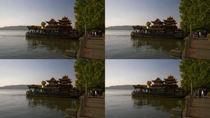 日落时间杭州市著名湖滨湾旅游宝塔轮渡全景4k中国