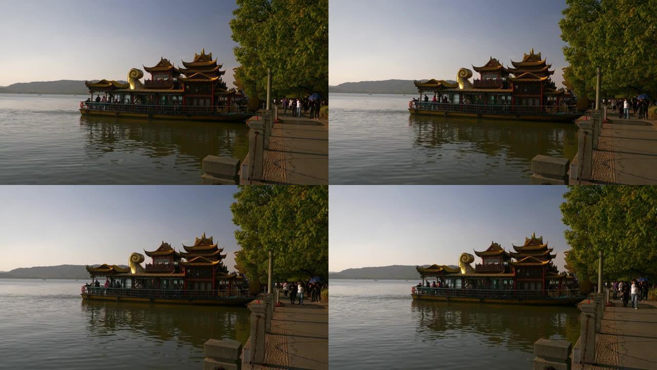 日落时间杭州市著名湖滨湾旅游宝塔轮渡全景4k中国