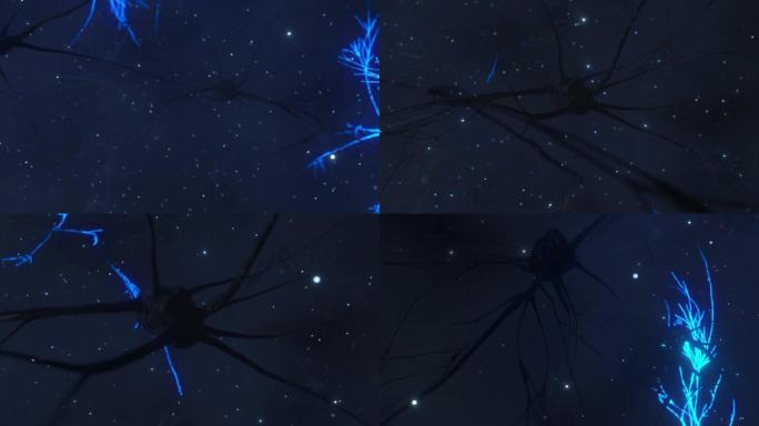 神经元和突触活动的动画。外太空中的神经连接，放射性，神经递质，大脑，轴突。电脉冲传递信号。思维概念。