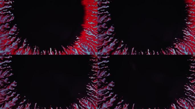 晶体萌发。红色，深色背景上的抽象黑点。抽象垃圾艺术水墨画传播爆炸背景。