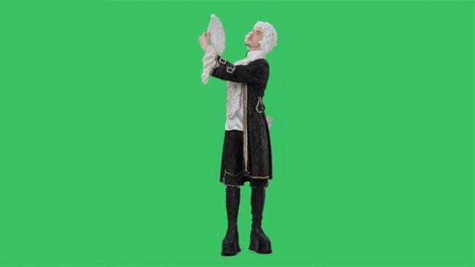 穿着黑色历史复古西装和白色假发的朝臣绅士肖像，挥舞着扇子，鞠躬和屈膝礼。年轻人在工作室摆姿势，绿屏背