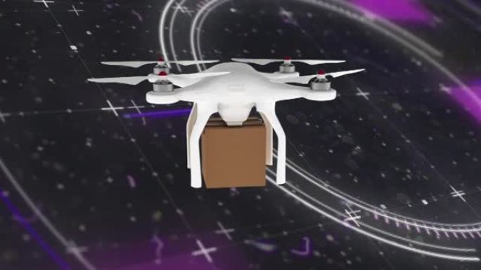 无人机在黑色背景上扫描纸板箱的动画