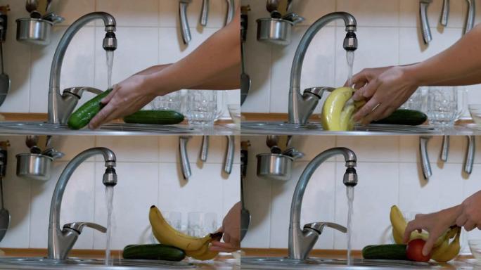 女人打开水龙头，在水槽里洗黄瓜，香蕉，苹果，关掉水