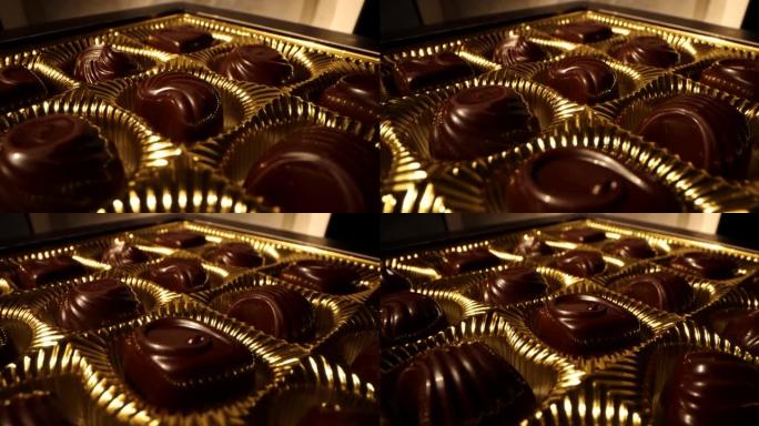 巧克力糖果盒。特写滑块镜头