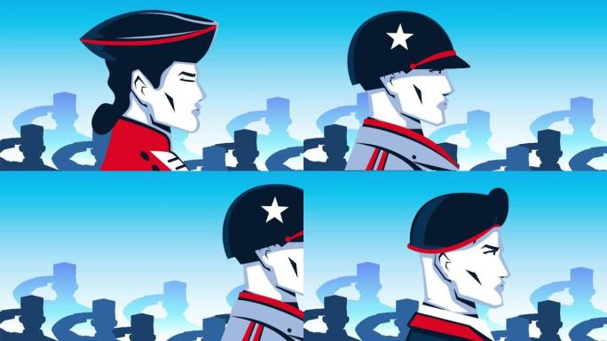 快乐的纪念日动画与士兵古董侧面和士兵剪影