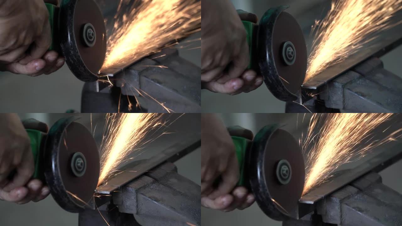 角磨机工人在工业环境中进行金属加工。
