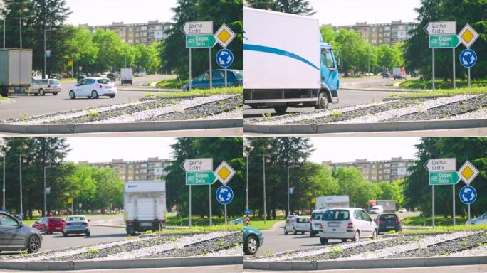 带有多个路标的环形交叉路口-中心，索非亚，保加利亚，优先标志和环形交叉路口标志