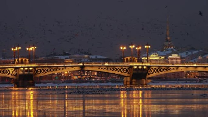 冬夜城市圣彼得堡的全景镜头，风景如画，映照，布拉戈维申斯基桥，旧名字是施密特中尉，许多鸟类，金钟大厦