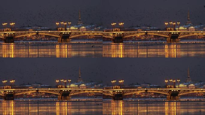 冬夜城市圣彼得堡的全景镜头，风景如画，映照，布拉戈维申斯基桥，旧名字是施密特中尉，许多鸟类，金钟大厦