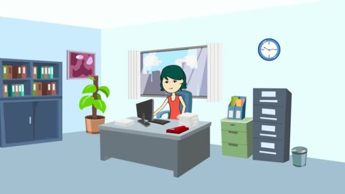 卡通色彩丰富的女性角色动画。女孩女电脑打字工作办公室情况