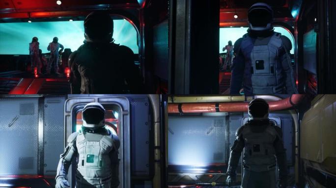 宇航员离开控制室，沿着星际飞船的走廊行走。该动画适用于梦幻般的，未来派或太空旅行背景。太空船上的宇航