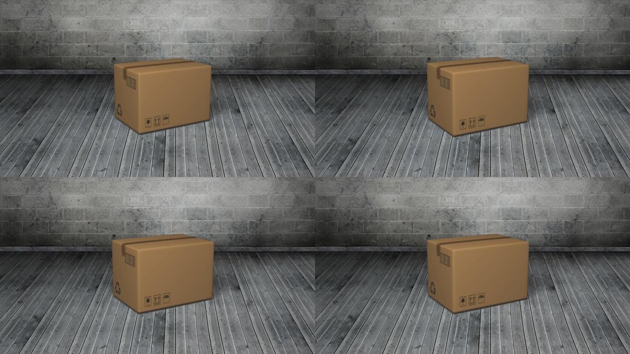 纸板箱落在灰色木地板上的动画，背景为灰色砖
