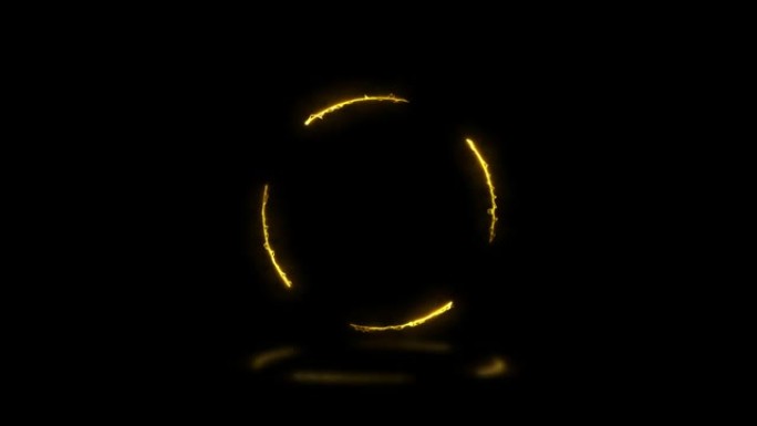 黄色能量在带有反射的黑暗背景上点亮圆形。无缝循环抽象标志运动平面设计