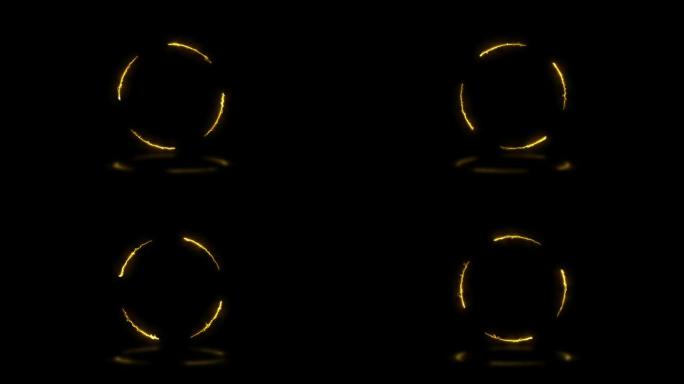 黄色能量在带有反射的黑暗背景上点亮圆形。无缝循环抽象标志运动平面设计