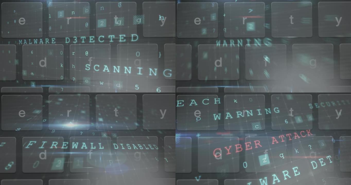 灰色背景下计算机键盘上的网络攻击警告动画