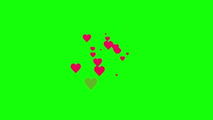 绿色屏幕上像素粉色心形图标流动叠加动画