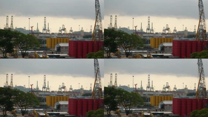 日落时间新加坡城市工业建筑场屋顶港区全景4k